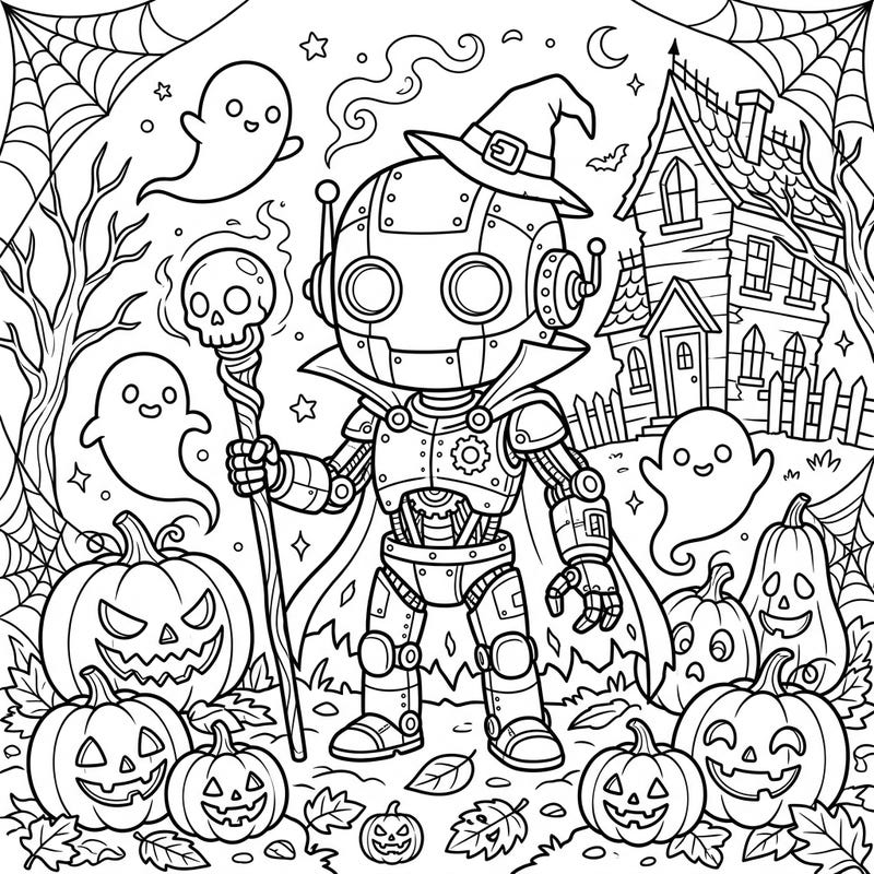 Dive into a unique Halloween adventure with this captivating Relic Cyborg coloring page. Featuring an ancient robot in a witch hat amidst ghosts and jack-o'-lanterns, it's perfect for a spooky creative session.