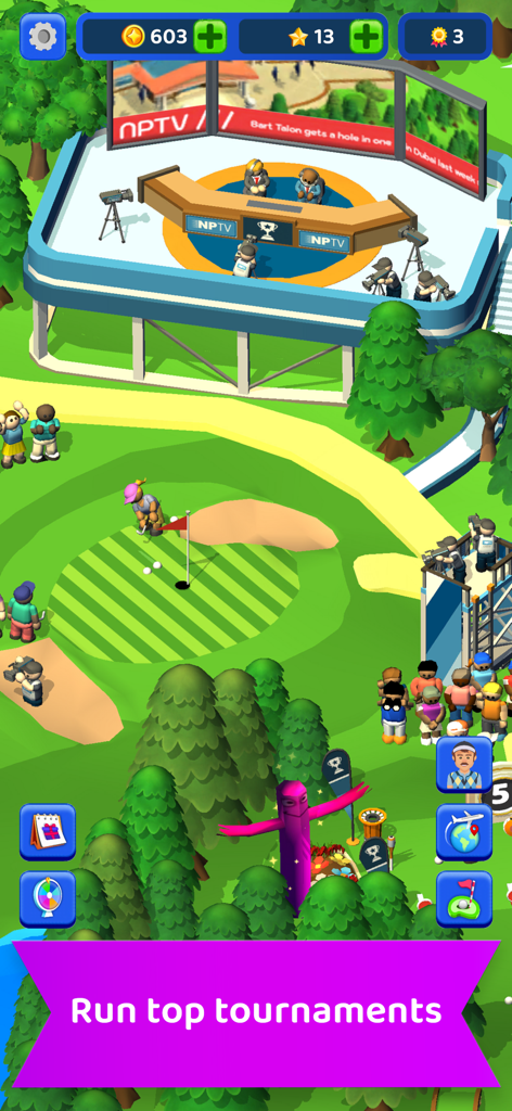 Idle Golf Club Manager Tycoon - A professional golf tournament scene in Idle Golf Club Manager Tycoon with a TV broadcast booth and cheering crowds.