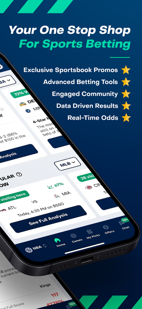 BetQL - Sports Betting - BetQL sports betting app interface featuring advanced analytical tools and real-time odds