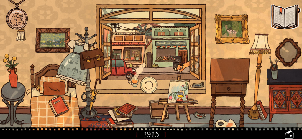 Reviver: Butterfly - Handgezeichnetes Schlafzimmerinterieur aus dem Jahr 1915 mit Blick auf eine Vintage-Straße und ein rotes Auto.