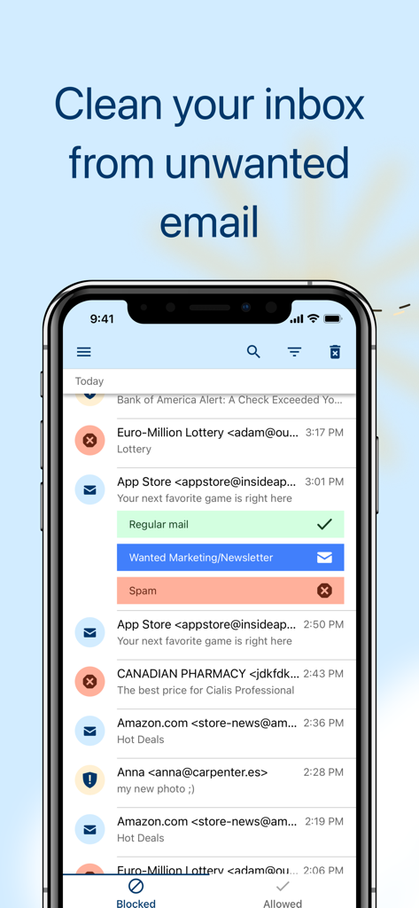 Spamdrain - clean email - Spamdrain app interface showing email categorized into regular mail and filtered spam