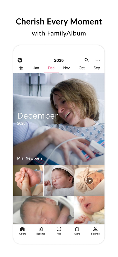 FamilyAlbum app interface displaying a mother and her newborn baby in an organized monthly photo timeline.