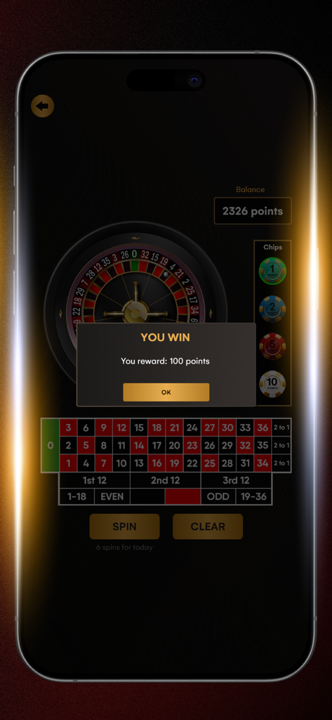 カジノ・ル・ミラージュアプリのルーレットゲーム画面。100ポイントの当選通知が表示されている