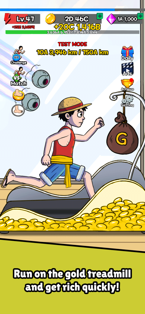 Tap Tap Run | Speed Clicker - A character in a straw hat running on a treadmill filled with gold coins in the Tap Tap Run mobile game.
