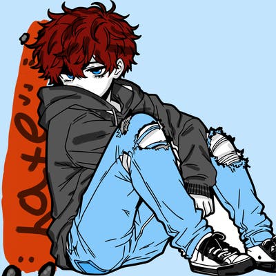 a male hoddie ripped jeans messy hair anime
