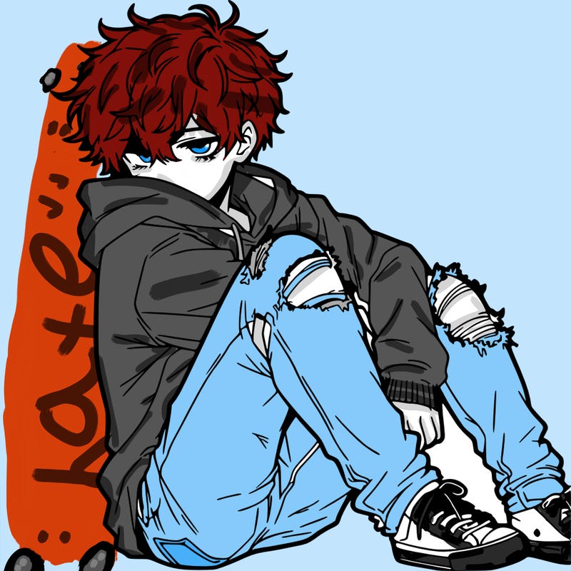 a male hoddie ripped jeans messy hair anime