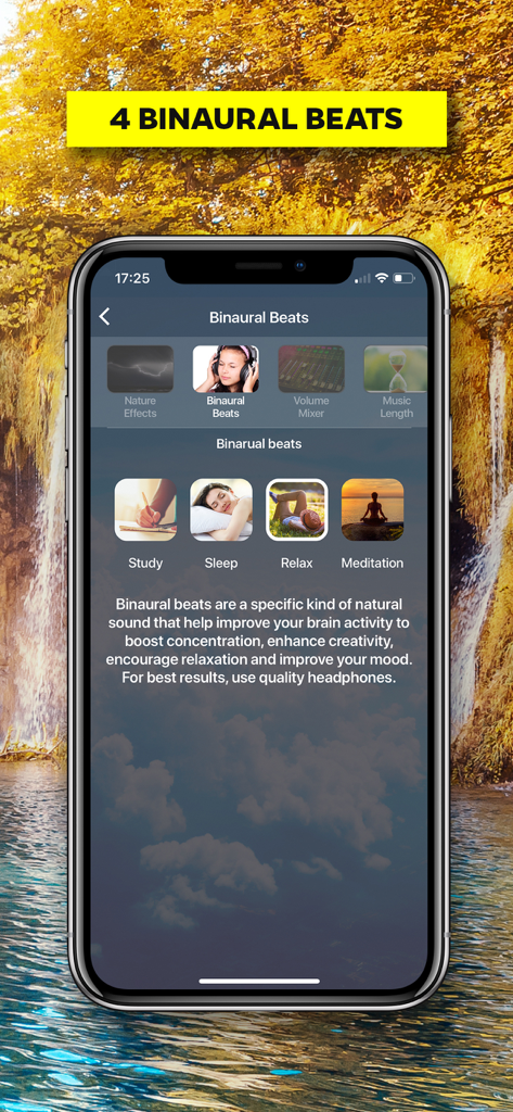 Yellow Brick Cinema - Yellow Brick Cinema app interface showing four binaural beats options for study sleep relax and meditation over a scenic nature background