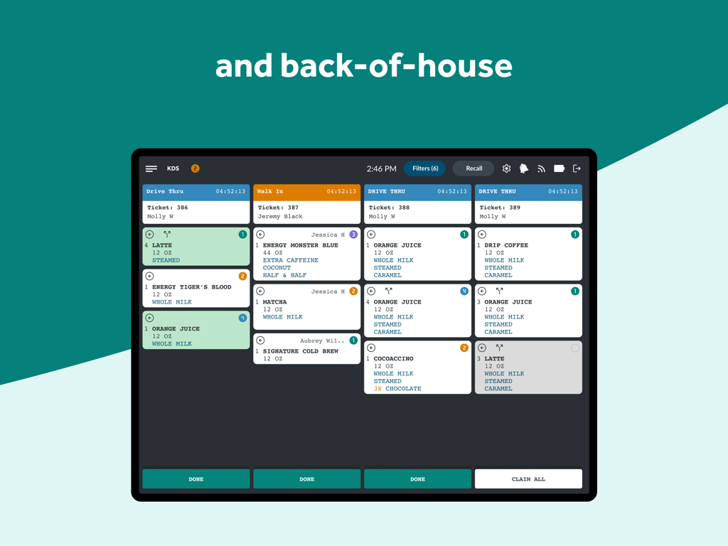 Crisp POS - Crisp POS kitchen display system interface on an iPad showing active drink orders for drive thru and walk in customers