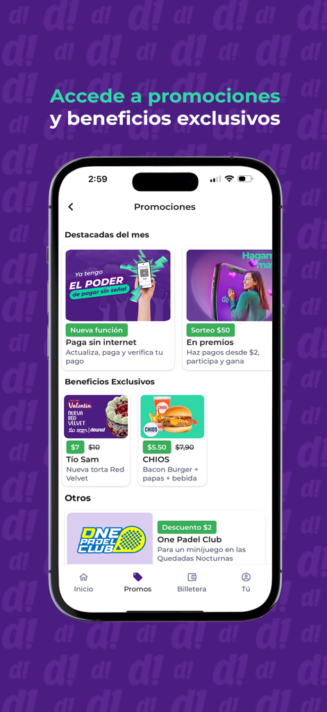Deuna App-Bildschirm mit exklusiven monatlichen Werbeaktionen und Händlerangeboten