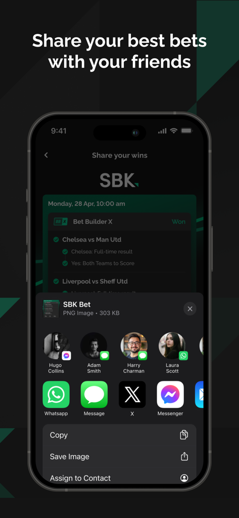 SBKオンラインスポーツブックインディアナのインターフェースで、ソーシャルメディアアプリを介して勝利したベットスリップを友達と共有する方法が示されています。