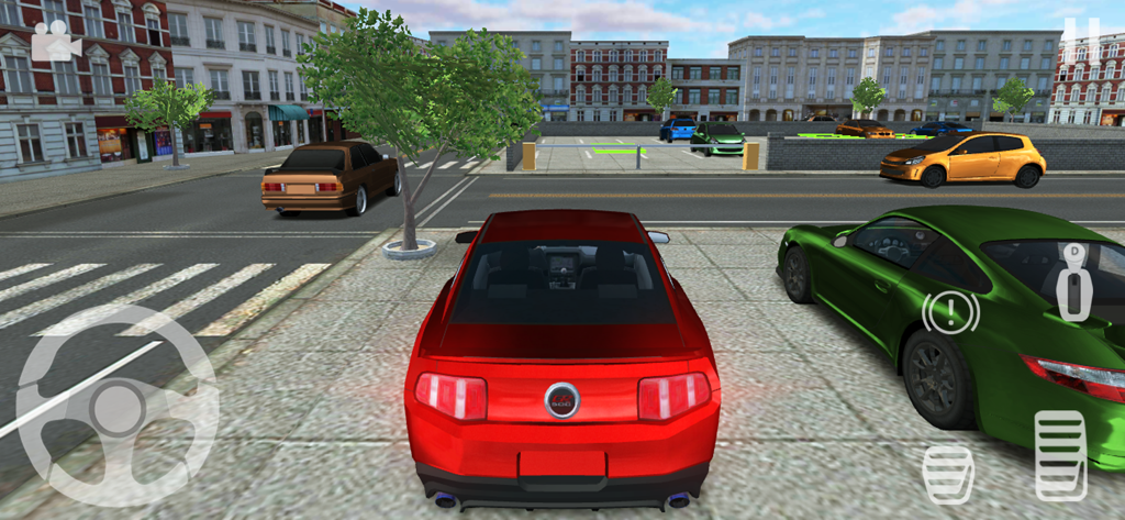 Car Parking Valet - Gameplay of Car Parking Valet showing a red car and driving controls in a 3D city environment