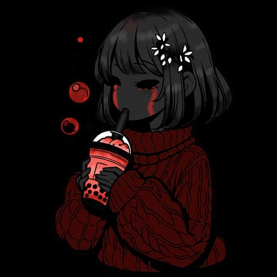 manga girl drinking boba in cozy sweater