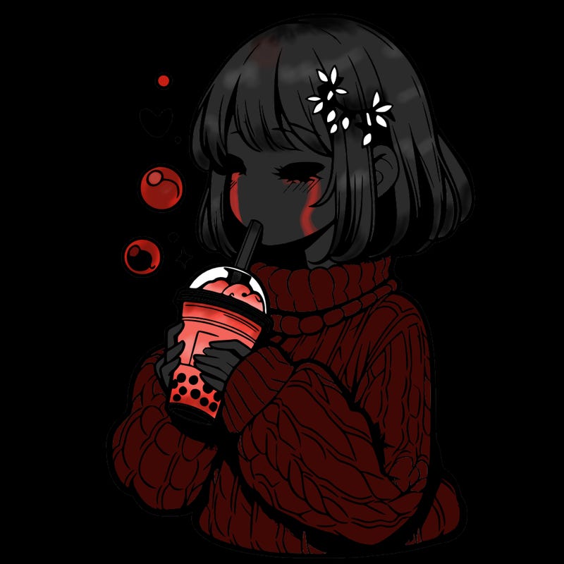 manga girl drinking boba in cozy sweater
