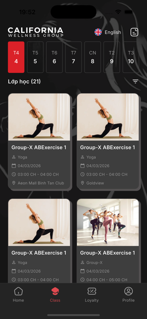 Cali Life - Mobile interface of Cali Life app displaying available fitness and yoga classes for booking.