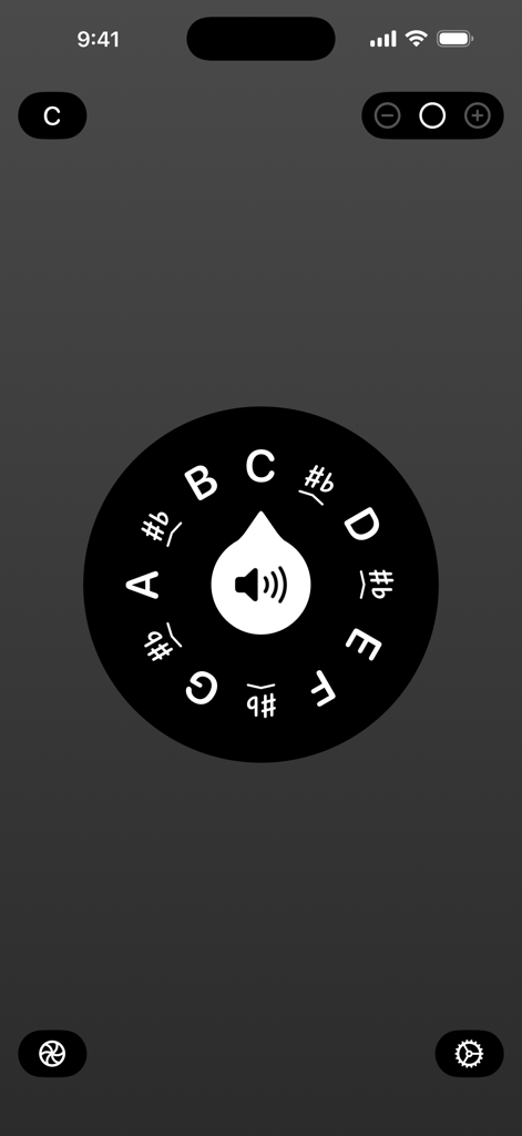 Onyx: Pitch Pipe - Main interface of Onyx Pitch Pipe showing a circular musical note selector wheel