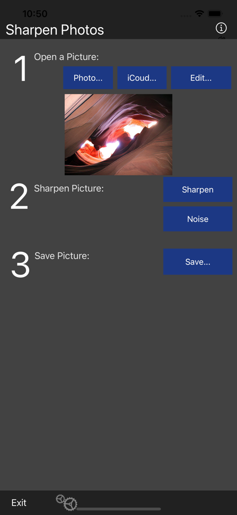 Sharpen Photos - Sharpen Photosアプリのユーザーインターフェースのスクリーンショット。写真を鮮明にし、保存する3つのステップが表示されています。