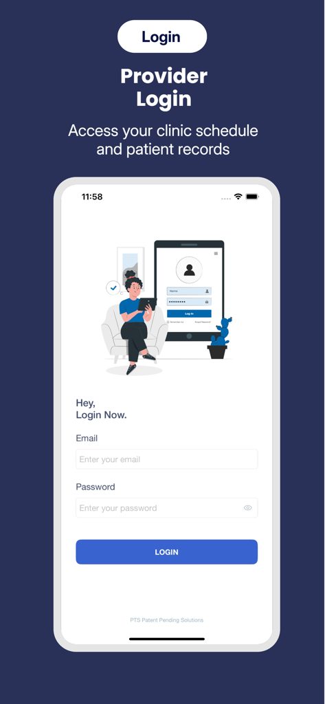MDConnect by PatientClick - MDConnect app provider login screen for accessing medical schedules and patient records.
