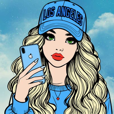 realistic beautiful girl wearing los ángeles cap holding an iphone