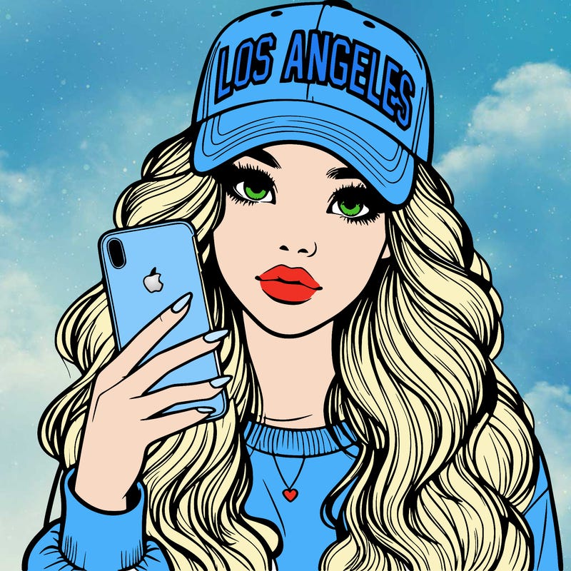 realistic beautiful girl wearing los ángeles cap holding an iphone