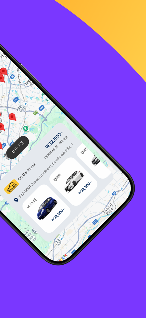 Aero K mobile app car rental search results on a map
