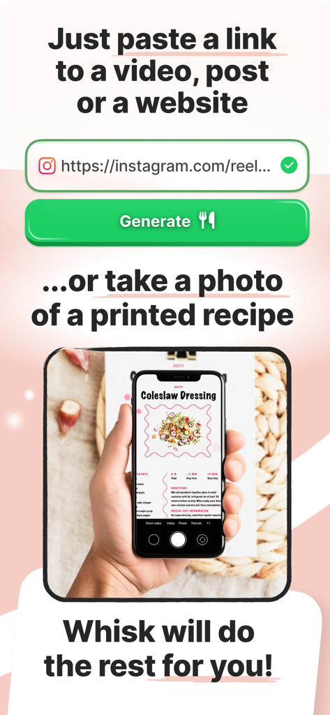 Whisk: Recipe Keeper & Planner - Interface of the Whisk app showing options to import recipes by pasting social media links or taking photos of printed recipes