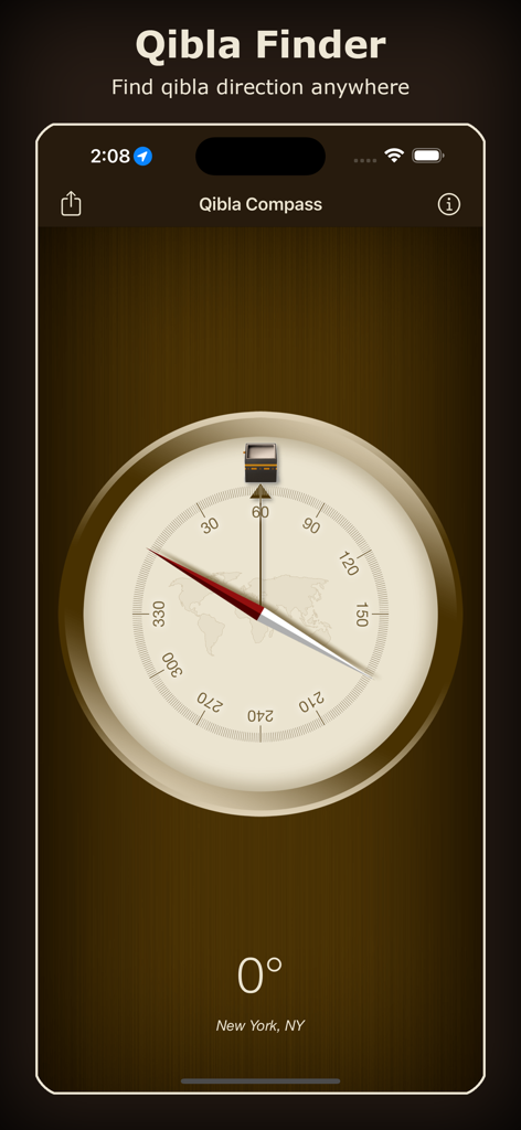 Interface de l'application Boussole Qibla montrant une aiguille de boussole pointant vers l'icône de la Kaaba
