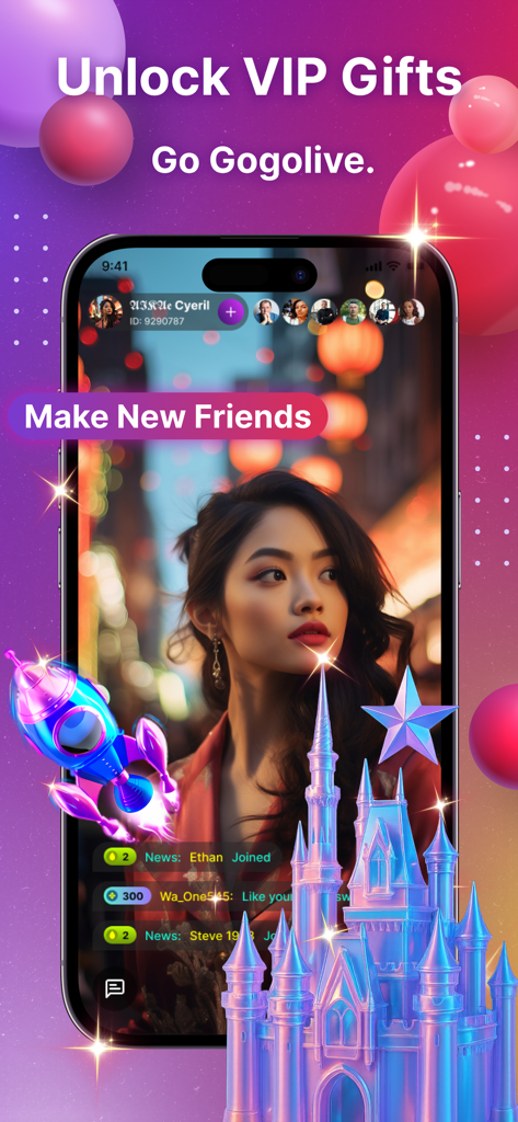 GOGOLIVE Video–Go Live, Chat - Young woman broadcasting live with digital castle and rocket gifts on GOGOLIVE