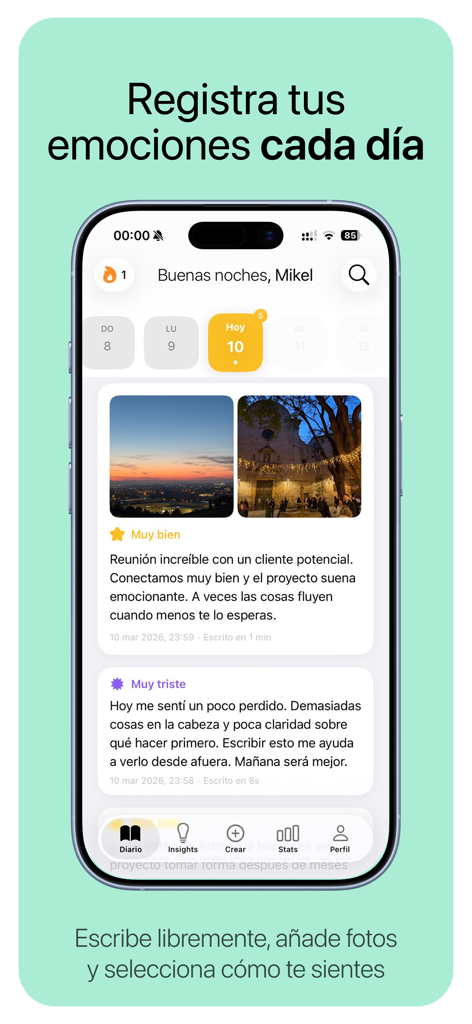 Lumi - Diario Emocional - Pantalla de iPhone que muestra la aplicación de diario emocional Lumi con entradas diarias y fotos