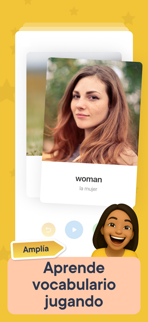 English vocabulary flashcard showing the word woman and its Spanish translation in the Starlex app.