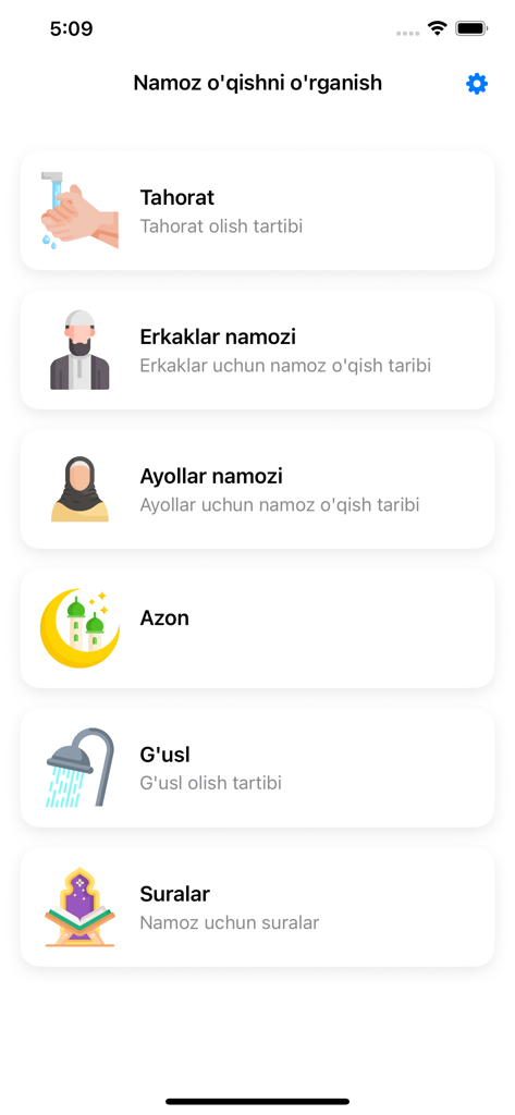 Main menu of the Uzbek prayer learning app showing sections for ablution mens and womens prayer and surahs