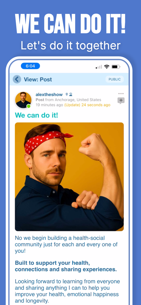 medkeepAI - A social networking post within the medkeepAI app showing a user's health milestone and motivational message.