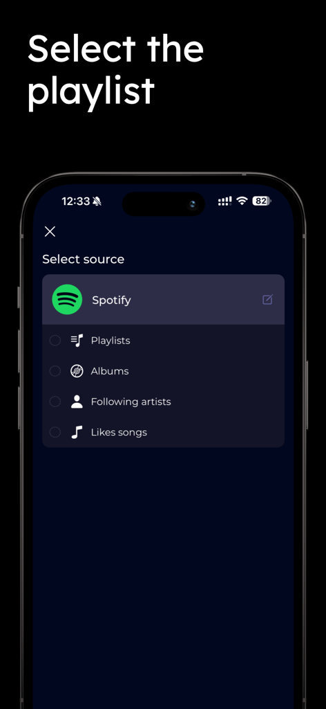 Music transfer & stats: Swapy - Seleccionando Spotify como fuente para la transferencia de música en la aplicación Swapy