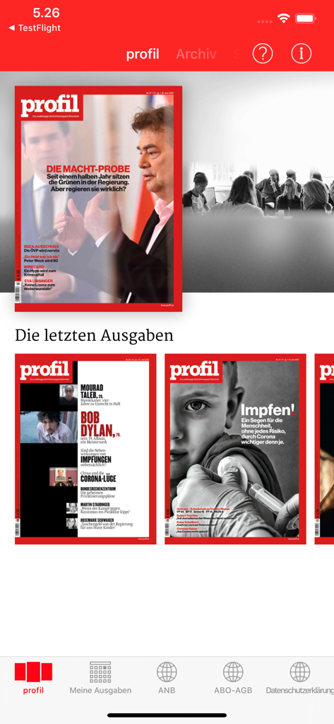 Pantalla principal de la aplicación profil ePaper que muestra una colección de las portadas de revistas digitales más recientes en alemán.