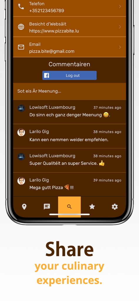 Snack Track - Interface de l'application Snack Track montrant les commentaires des utilisateurs en temps réel et les informations de contact d'un vendeur de nourriture