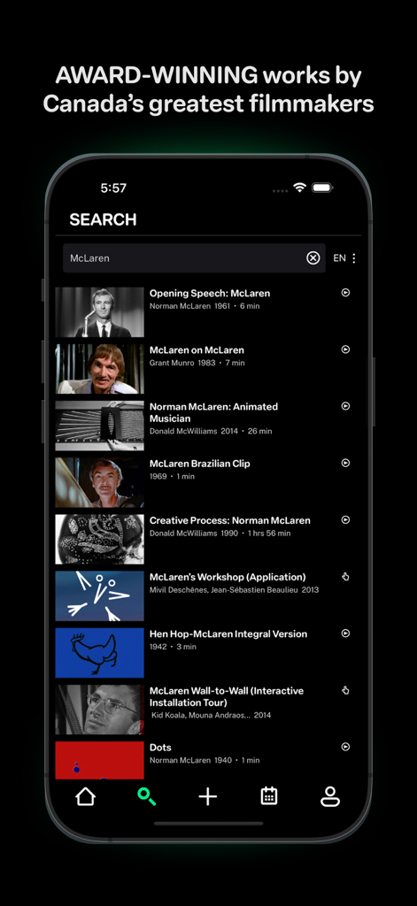 NFB Films - A search results page in the NFB Films app showcasing a list of award-winning documentaries and animations by filmmaker Norman McLaren.