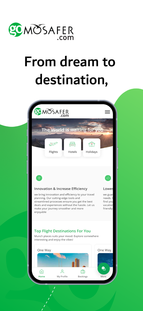 GoMosafer.com - GoMosafer travel app home screen showing flight hotel and holiday booking options