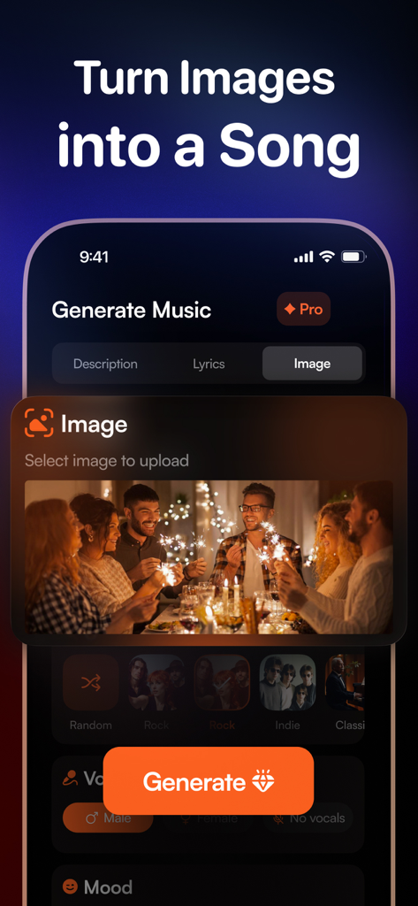 TuneCraft. AI Song Generator - Interface of the TuneCraft app showing the process of turning an uploaded photo of a group of friends into an AI-generated song.