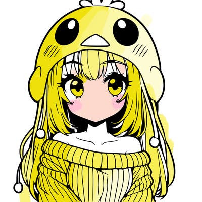 anime girl with chick shaped hat with sweater with bare shoulders with bangs covering them one eye with low tail