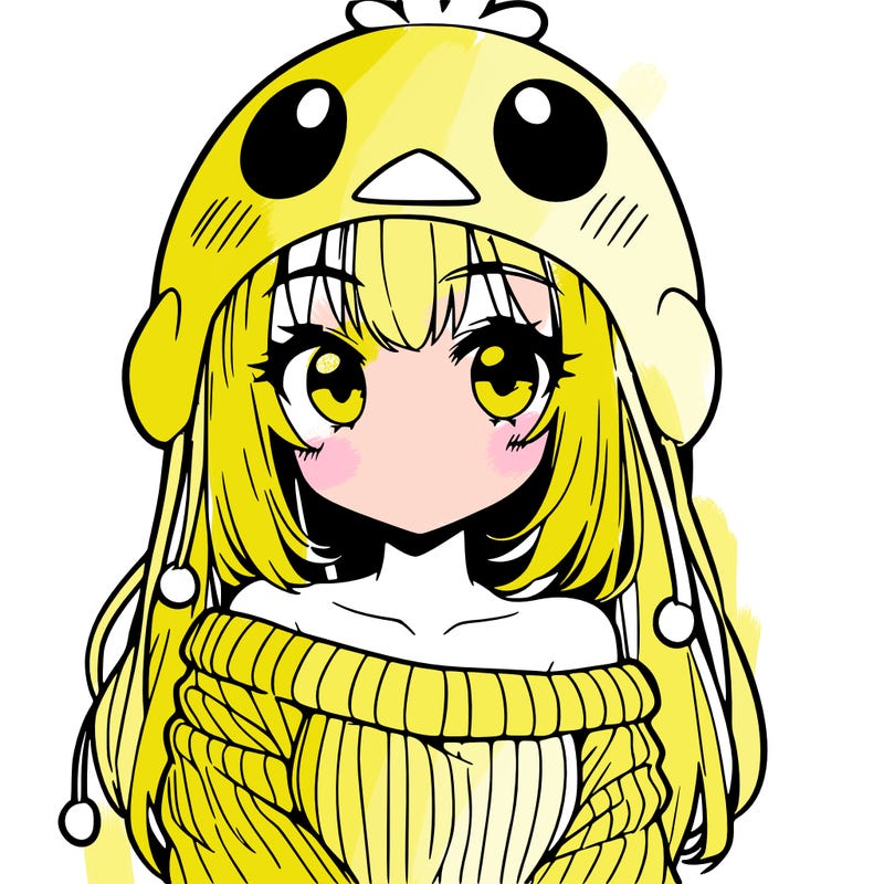 anime girl with chick shaped hat with sweater with bare shoulders with bangs covering them one eye with low tail