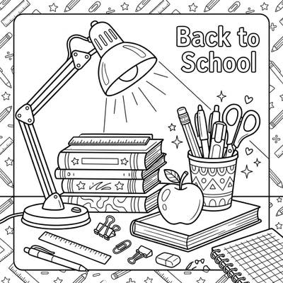 Get organized for a new academic year with this charming Back to School coloring page. Featuring a classic desk setup with books, stationery, and a desk lamp, it's perfect for all ages.
