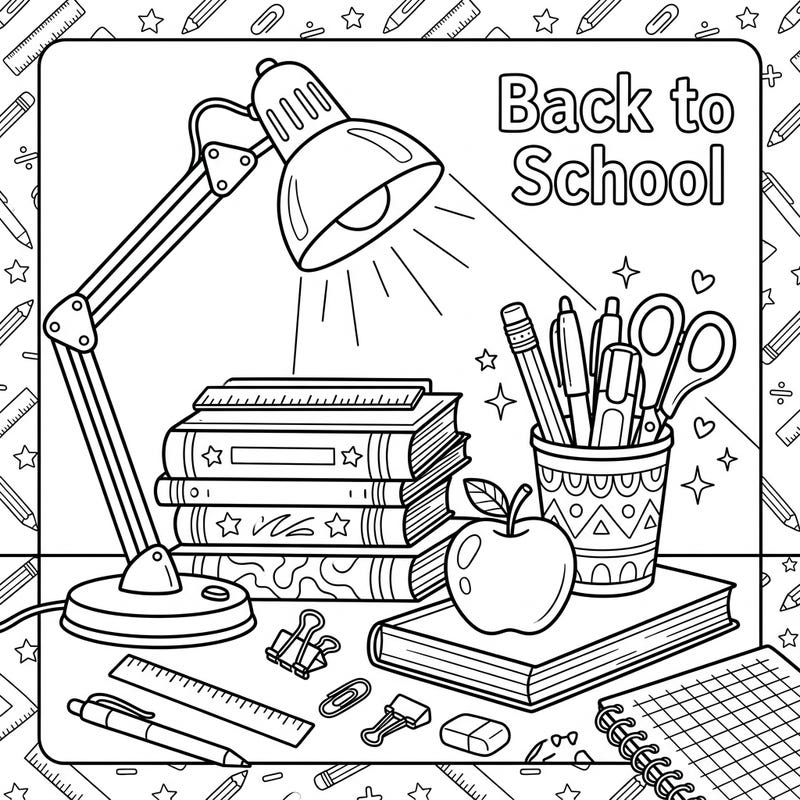 Get organized for a new academic year with this charming Back to School coloring page. Featuring a classic desk setup with books, stationery, and a desk lamp, it's perfect for all ages.