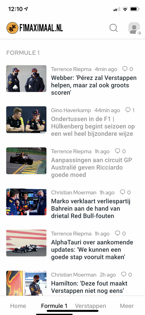 F1 Maximaalモバイルアプリのニュースフィードのスクリーンショット。フォーミュラ1レースとマックス・フェルスタッペンに関するオランダ語の記事をフィーチャー