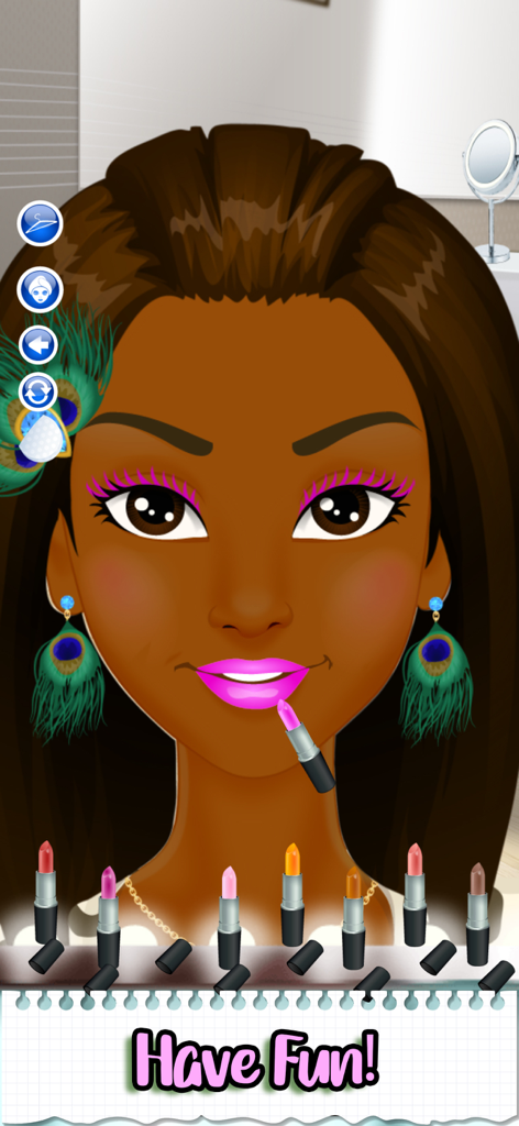 Un personaje con pendientes de pavo real recibiendo un cambio de look con lápiz labial rosa en un juego de salón de belleza.