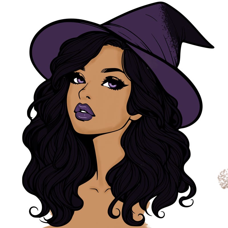 realistic witch girl with wavy hair and lips