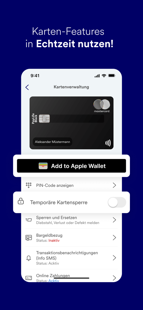 PayLife app interface for credit card management and security settings including Apple Wallet integration