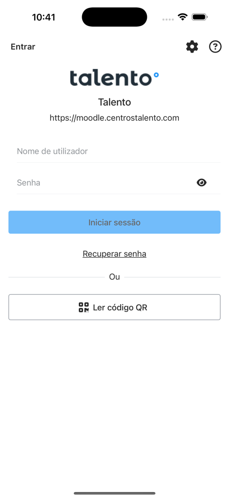 Talento Moodle - Login screen of the Talento Moodle app with fields for username and password in Portuguese