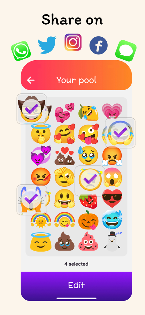 Emoji Mix - Maker & Facemoji - Interfaz de la aplicación Emoji Mix mostrando una cuadrícula de emojis personalizados seleccionados para compartir en plataformas de redes sociales como Instagram e iMessage.