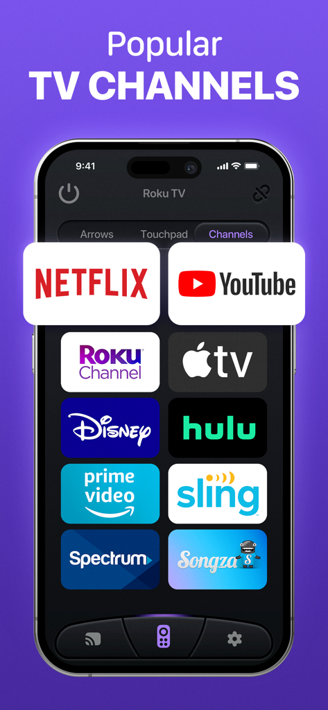 Smart Remote Control & TV Cast - Interface do aplicativo de controle remoto inteligente mostrando canais populares de streaming como Netflix e YouTube