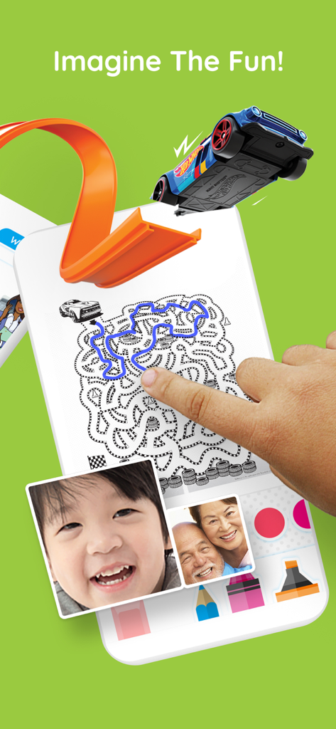 A child and grandparents playing a Hot Wheels maze activity together during a Caribu video call.