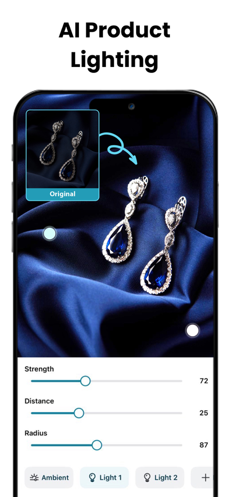 Eine Smartphone-Oberfläche, die die KI-Produktbeleuchtungsfunktion der Promeo-App zeigt, die zur Verbesserung eines Fotos von Saphir-Ohrringen auf blauem Hintergrund verwendet wird.